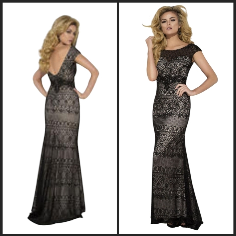 Tony Bowls Black Beaded Lace Sheer Illusion Floor Length Gown - Picture 1 of 11